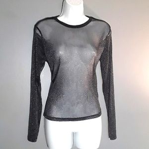 Y2K Divided black silver sheer mesh top, L